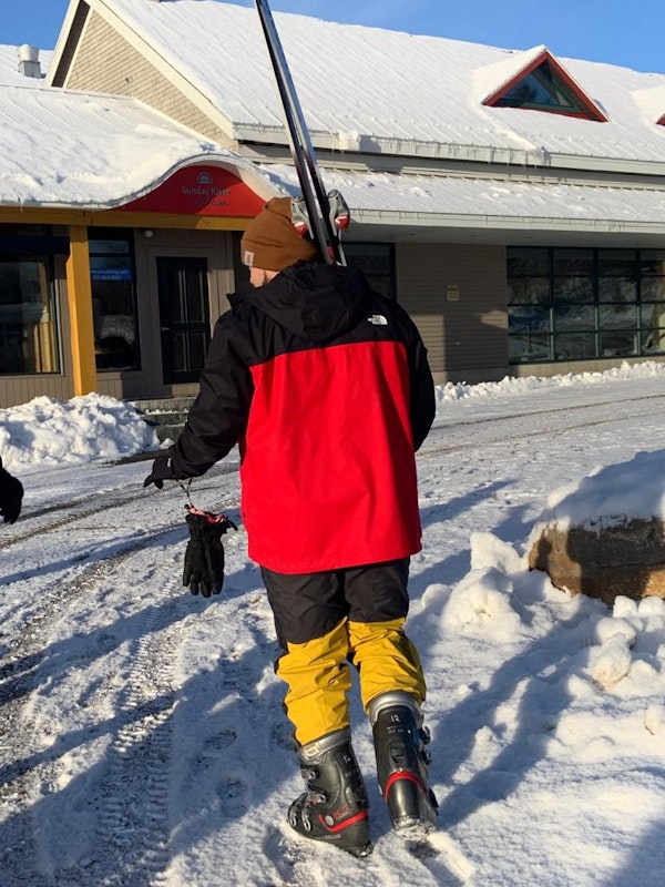 Frank hitting the lodge after a day of skiing
